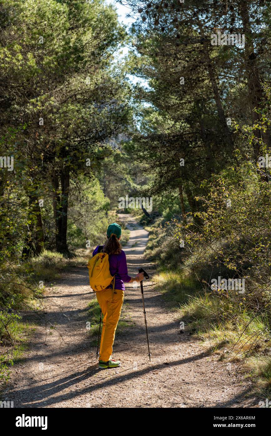 Eine Frau, die auf einer Lichtung auf einer leeren Straße in den Wäldern der Costa Blanca, Alicante, Spanien steht - Stockfoto Stockfoto