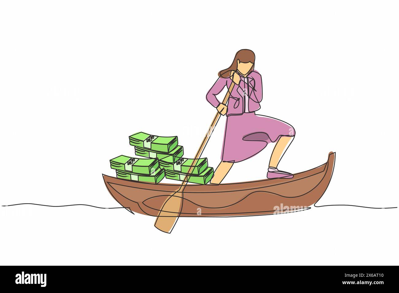 Einzelne durchgehende Linie zeichnet Geschäftsfrau, die auf dem Boot mit einem Stapel Banknoten wegsegelt. Entfliehen Sie mit Geld. Finanzkriminalität, Steuerhinterziehung, Geldwäsche Stock Vektor