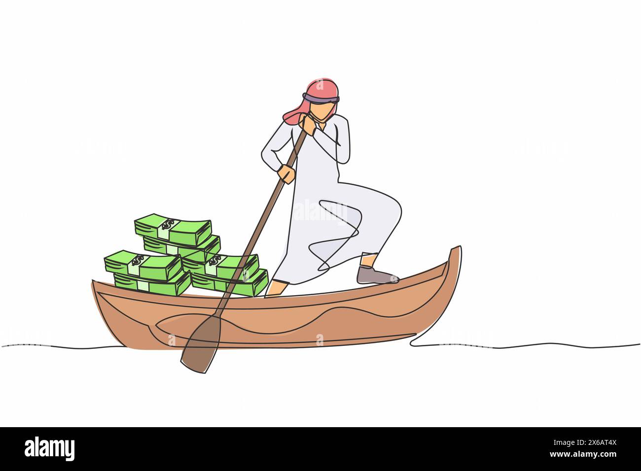 Eine durchgehende Linie mit arabischem Geschäftsmann, der auf einem Boot mit einem Stapel Banknoten davonsegelt. Entfliehen Sie mit Geld. Finanzkriminalität, Steuerhinterziehung, Money lau Stock Vektor