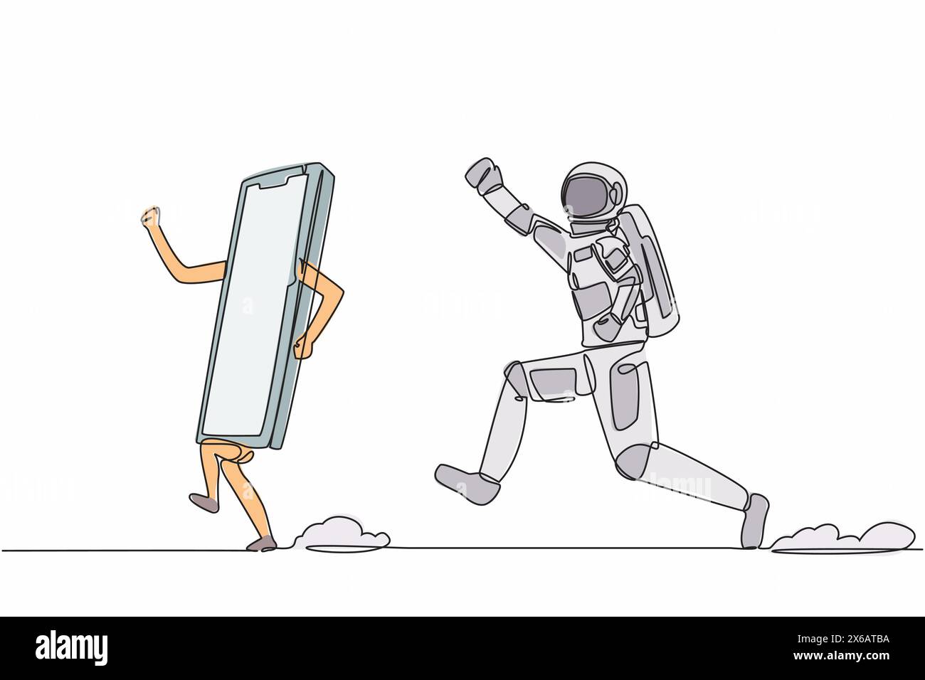 Durchgehende einzeilige Zeichnung eines jungen Astronauten, der das Smartphone in der Mondoberfläche jagt. Kommunikationsrevolution mit Satellitentelefon. Cosmonaut außen Stock Vektor
