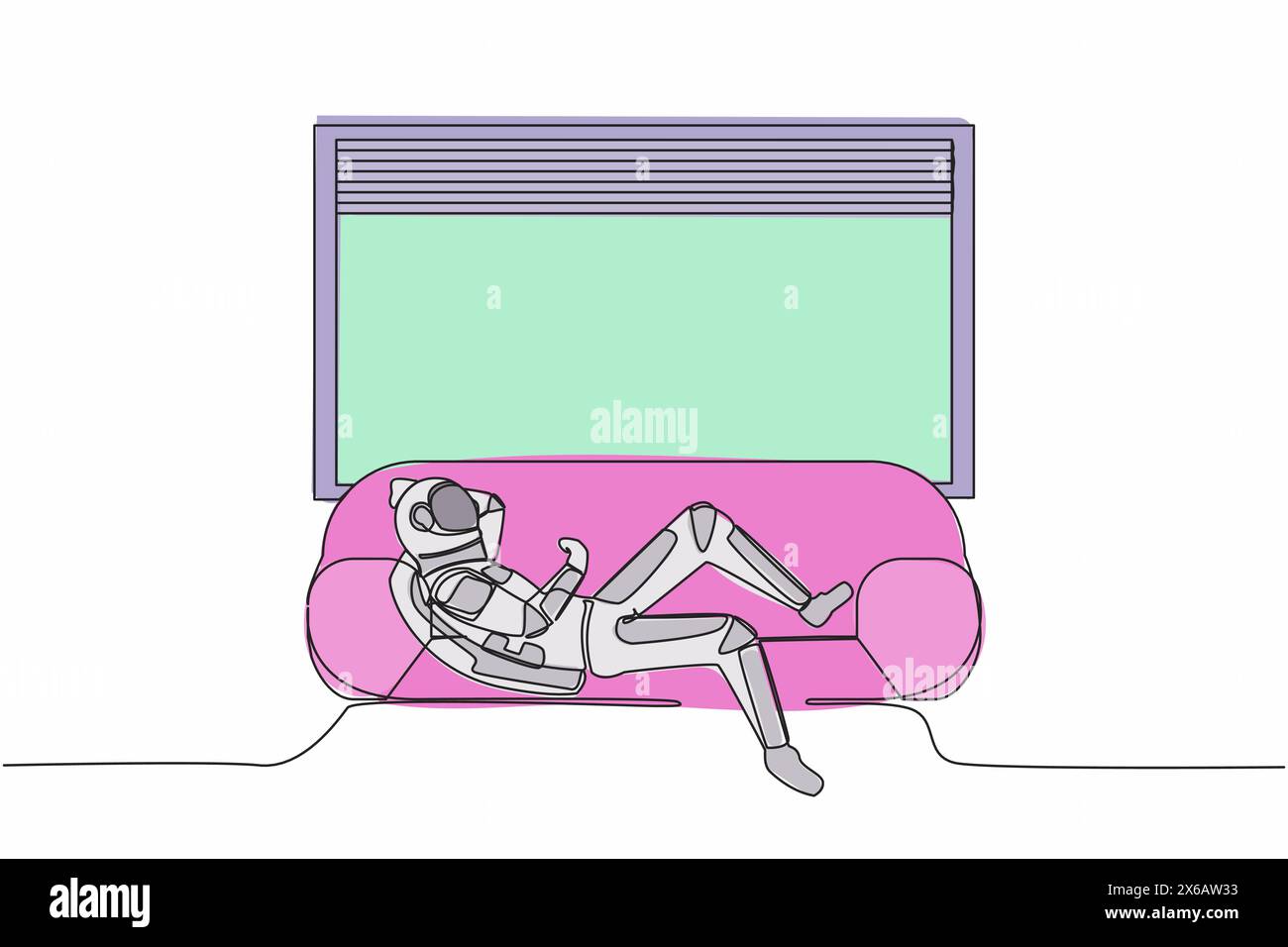 Durchgehende einzeilige Zeichnung des Astronauten, der auf dem Sofa in der Nähe der Fensterbank zu Hause auf der Mondoberfläche liegt. Zeit verbringen, entspannen nach der Arbeit. Kosmonaut-Weltraum Stock Vektor