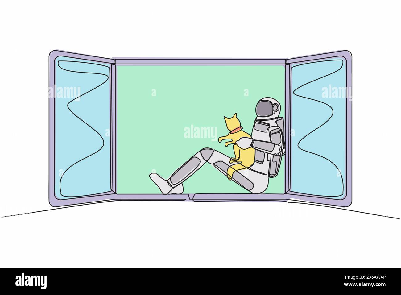 Eine einzige Linie zeichnet den jungen Astronauten mit seiner Katze auf der Fensterbank auf der Mondoberfläche. Freundschaft und entspannte Zeit. Kosmisches Galaxienraumkonzept Stock Vektor