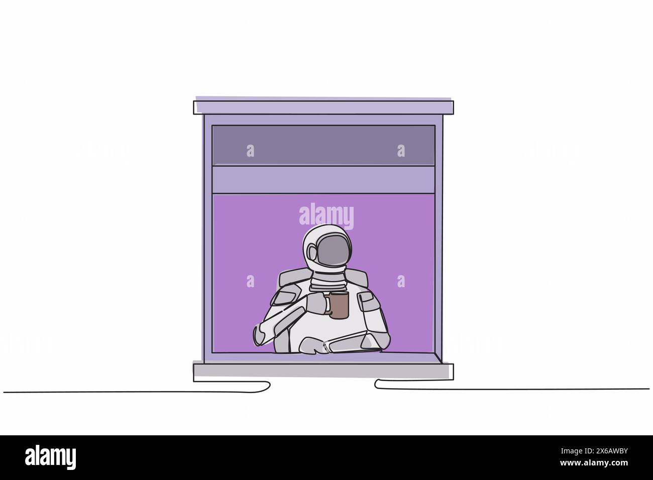 Junge Astronauten genießen heißen Kaffee oder Tee im Fensterhaus, halten Becher und blicken durch Fenster in der Mondoberfläche. Kosmonaut Stock Vektor