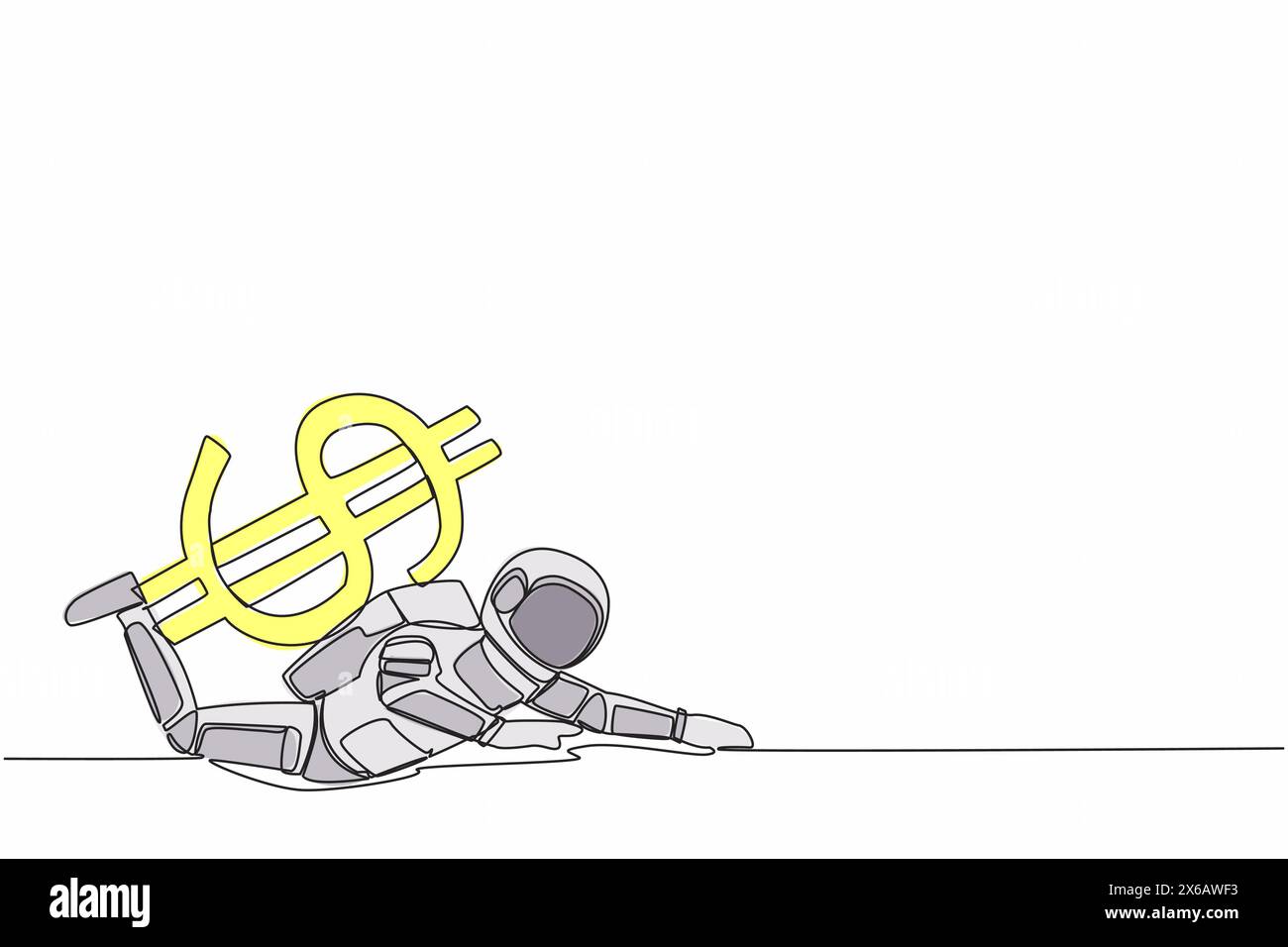 Kontinuierliche Einzeichenzeichnung junger Astronauten unter schwerer Dollarsymbolbelastung. Überlasteter Raumfahrer bei der galaktischen Erkundung. Kosmonaut-Weltraum. S Stock Vektor