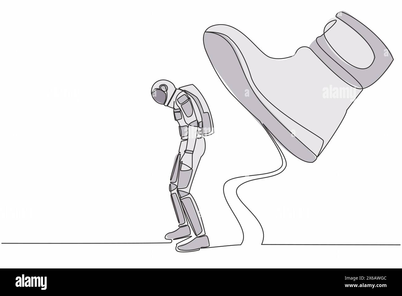 Eine einzige Linie zieht junge Astronauten, die schwach unter riesigen Schuhen stehen und von der Firma gefeuert werden. Zukünftige wissenschaftliche Entwicklung. Kosmischer Galaxienraum. Stock Vektor