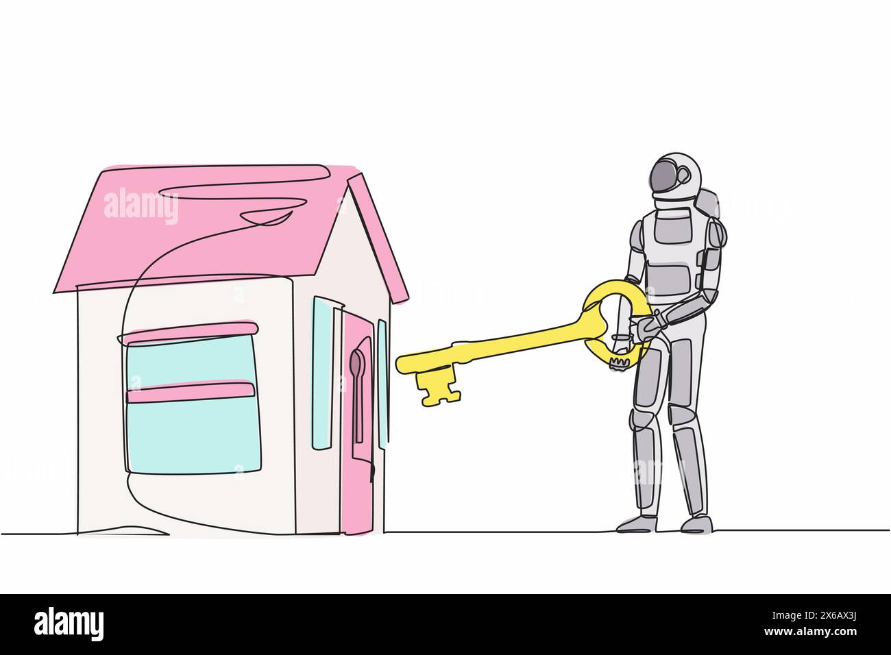Durchgehende einzeilige Zeichnung des Astronauten, der einen großen Schlüssel ins Haus bringt. Geld in Immobilien investieren. Immobilienhypotheken auf dem äußeren Planeten. Äußere Kosmonauten Stock Vektor