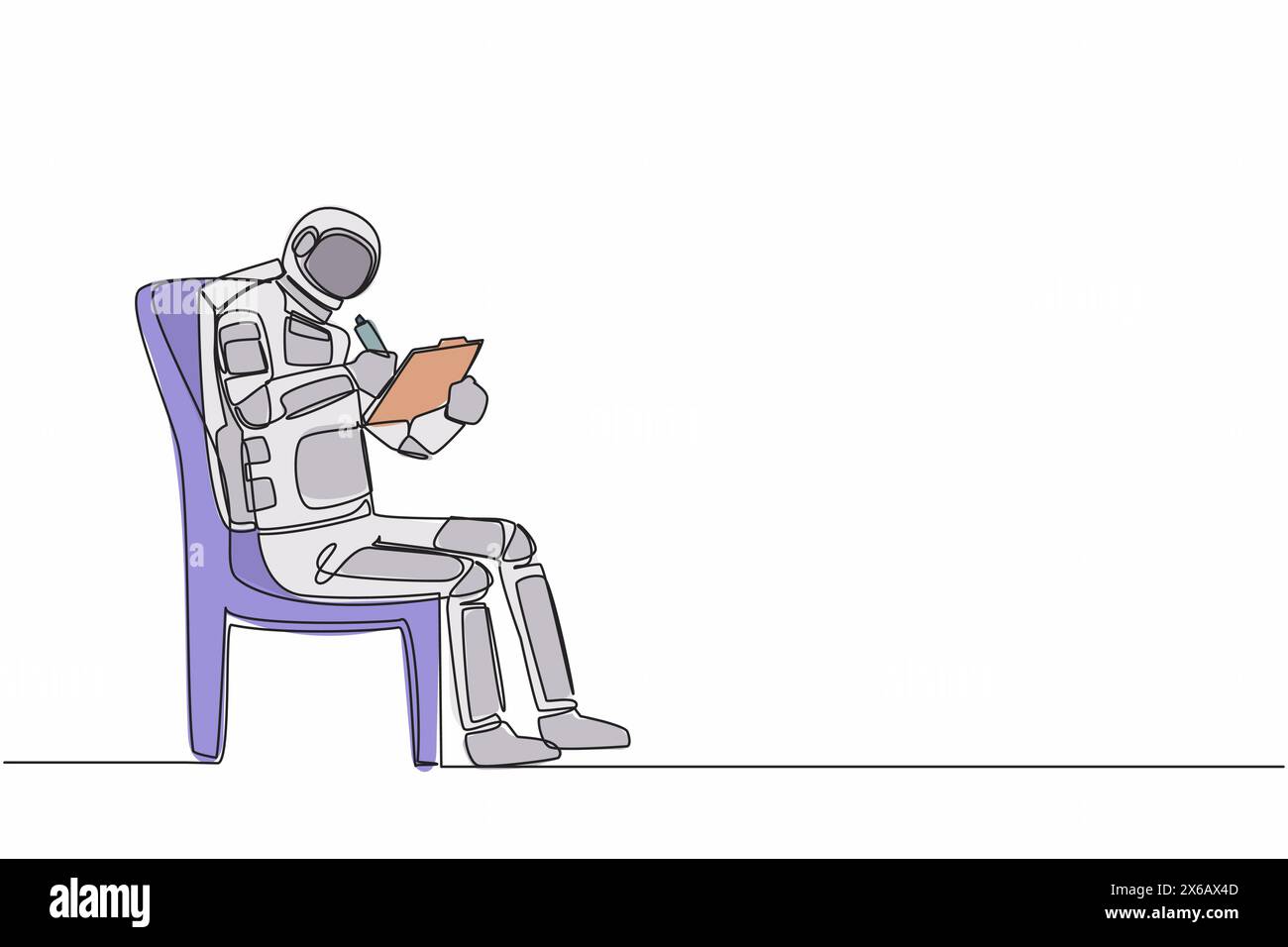 Durchgehende eine Linie, die jungen Astronauten auf dem Stuhl zeichnet und auf dem Klemmbrett schreibt. Raumschiff-Explorationsplan-Strategie. Kosmonaut-Weltraum. Sünde Stock Vektor