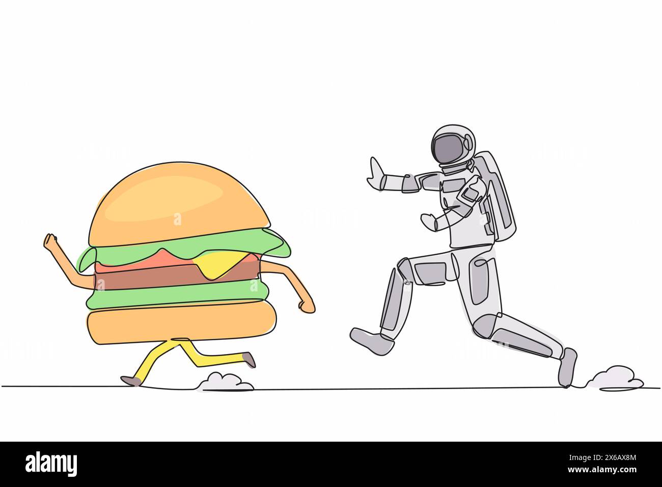 Einzelne durchgehende Linienzeichnung eines jungen Astronauten, der Hamburger auf der Mondoberfläche jagt. Lebensmittelindustrie im Weltraum. Kosmonaut-Deep-Space-Concept Stock Vektor