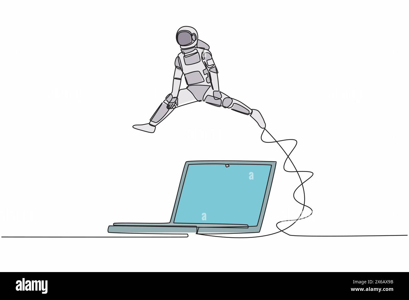 Eine einzelne durchgehende Linie, die junge Astronauten zieht, die über einen Laptop springt. Bürosystem-Informationstechnologie in der Raumschiffforschung. Kosmonaut tief s Stock Vektor
