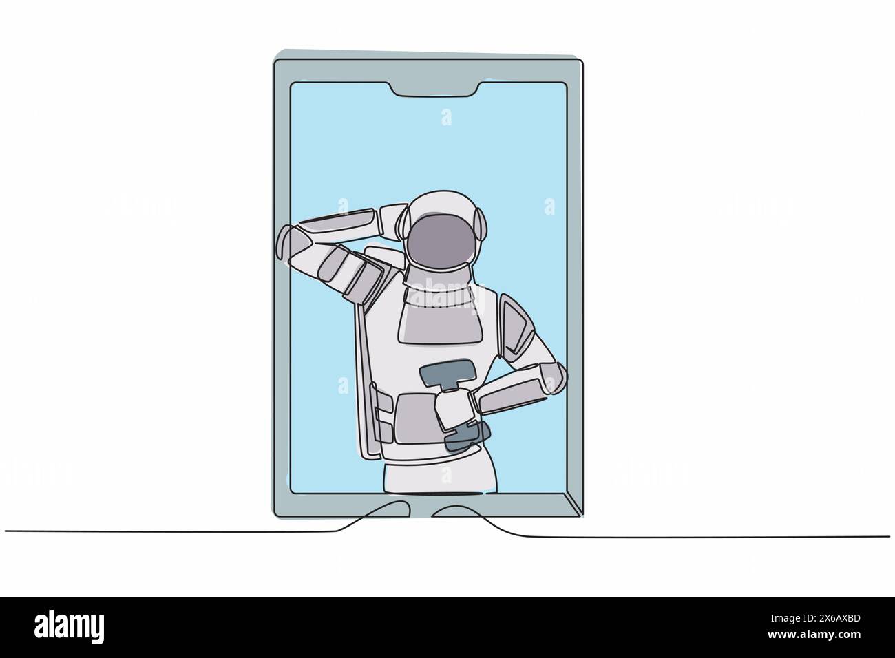 Durchgehend einzeiliger Astronaut-Online-Fitnesstrainer. Raumfahrer mit Kurzhanteln auf dem Telefonbildschirm. Schulung per Internet-Videoanruf. Kosmonaut raus Stock Vektor