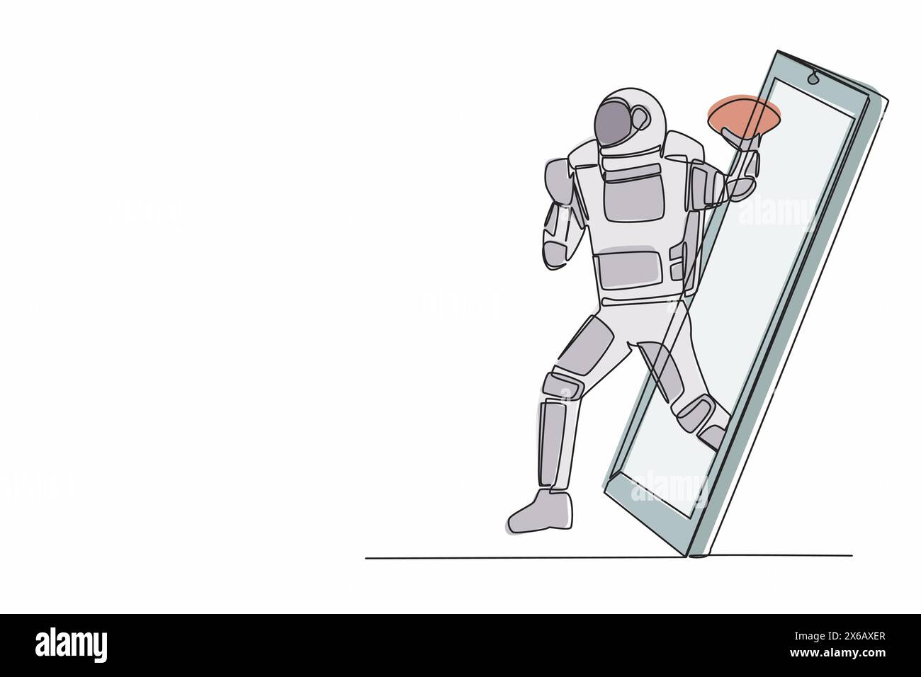 Eine einzige Zeilenzeichnung eines Astronauten-Spielers des american Football-Astronauten, der vom Smartphone-Bildschirm läuft. Kosmischer Galaxienraum. Mobile Online-Game-App. C Stock Vektor