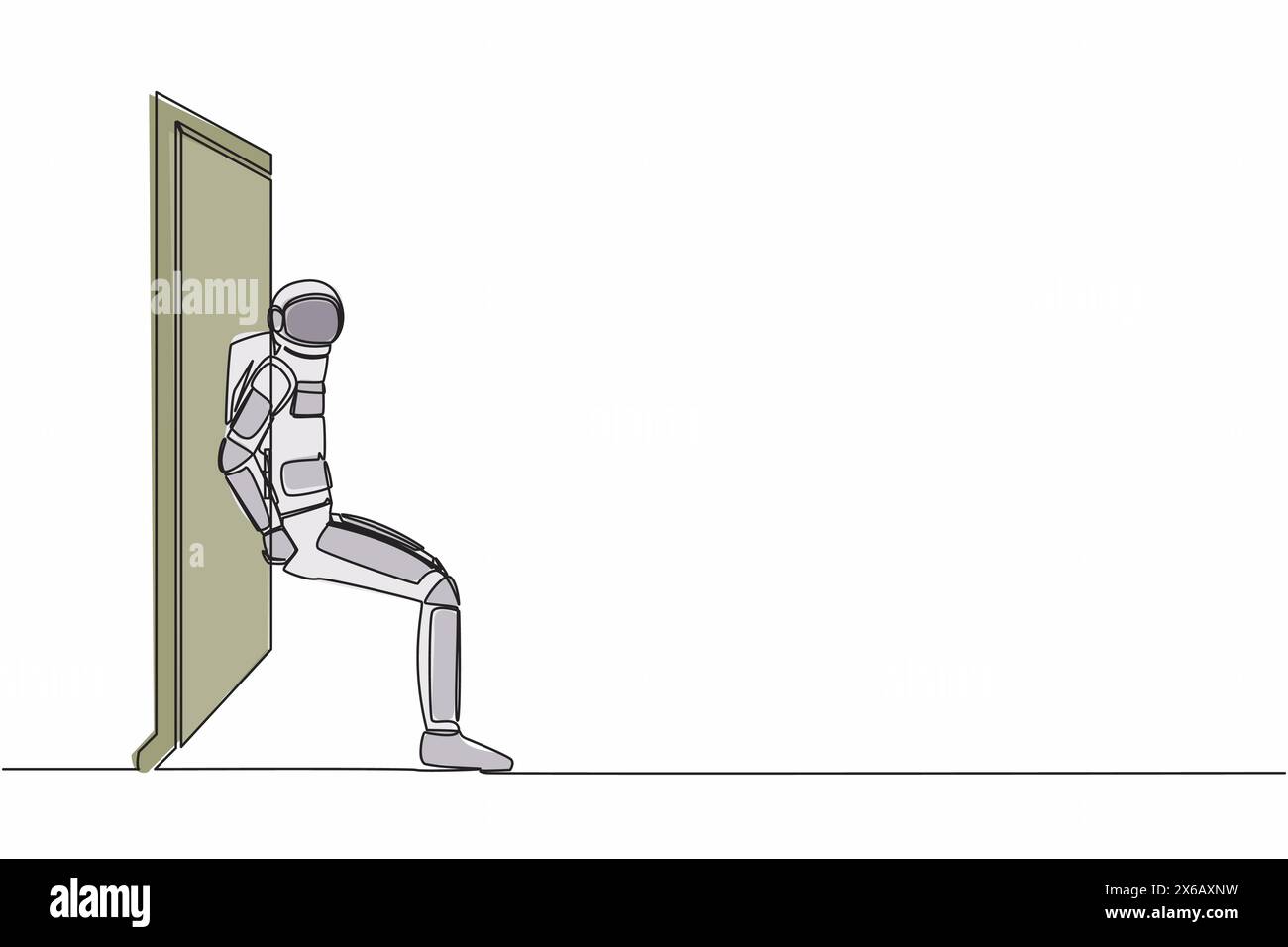 Durchgehende Zeichnung eines jungen Astronauten, der mit dem Rücken die Tür schiebt. Raumfahrer überwindet Hindernisse bei einer Raumschiffexpedition. Cosmonaut äusserer Spac Stock Vektor