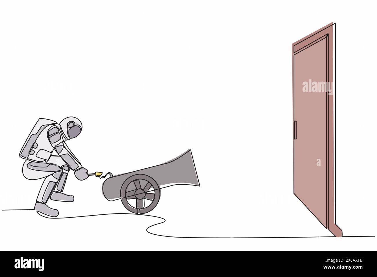 Eine einzelne durchgehende Linienzeichnung des jungen Astronauten zündet Kanonen vor der Tür und zerstört die Tür. Vermeidung von Zugangsbarrieren. Kosmonaut tief Stock Vektor