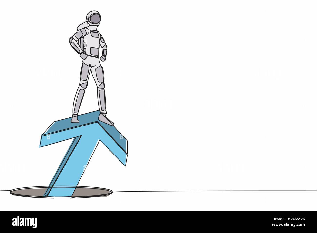 Durchgehende eine Linie, die den Astronauten auf einem großen Pfeil zeigt, der aus den Löchern kommt. Spaceman Lead Financial Graph steigt aus Loch. Kosmonaut-Weltraum Stock Vektor