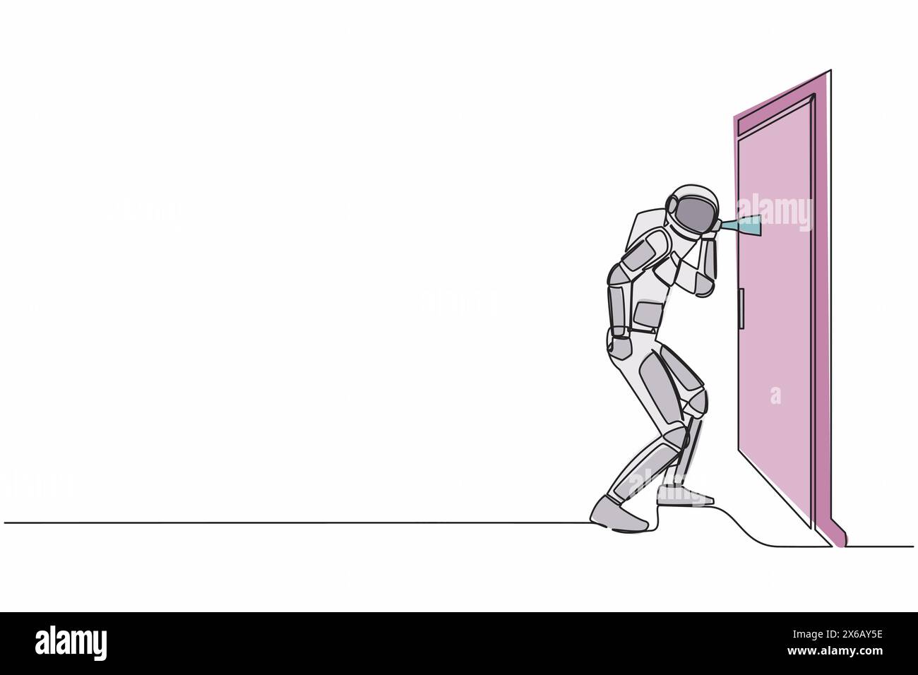 Eine einzige Linie zeichnet Astronaut, der an der Tür lauscht. Neugieriger Raumfahrer, der sich die Unterhaltung anhört. Verletzung des Datenschutzes. Kosmischer Galaxienraum. Konti Stock Vektor