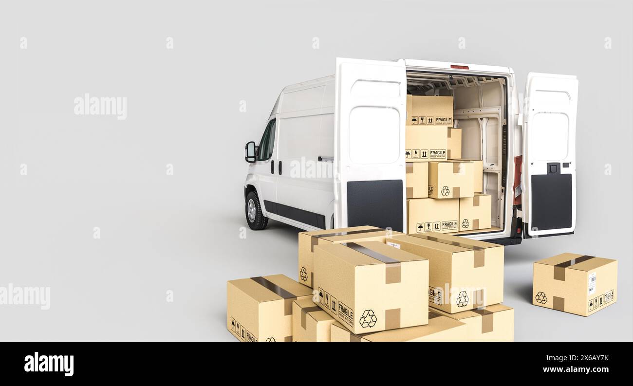 Weißer Frachtwagen öffnet Türen zahlreiche Pakete, Lieferung logistischer Express Stockfoto