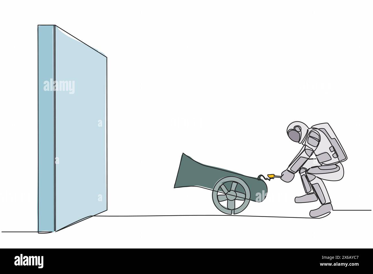 Ein Astronaut zündet eine Kanone vor der Wand und will zerstören. Entwicklung der Raumschifftechnologie. Kosmonaut tief Stock Vektor