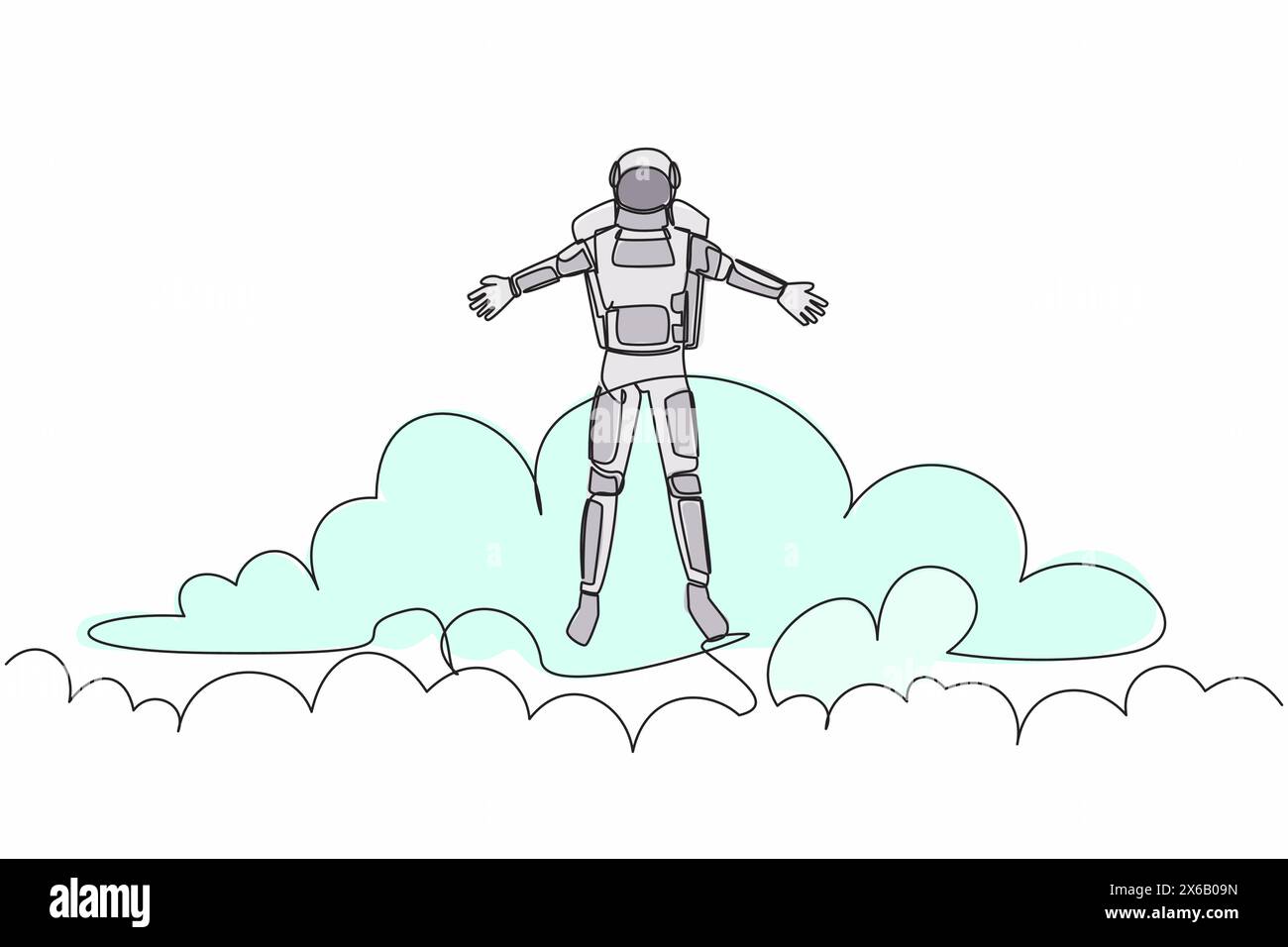 Durchgehende Linie, die jungen Astronauten mit erhobener Hand auf die Wolke zieht. Erfolgreiche Entwicklung der Raumschifftechnologie in der Zukunft. Cosmonaut äusserer Spac Stock Vektor