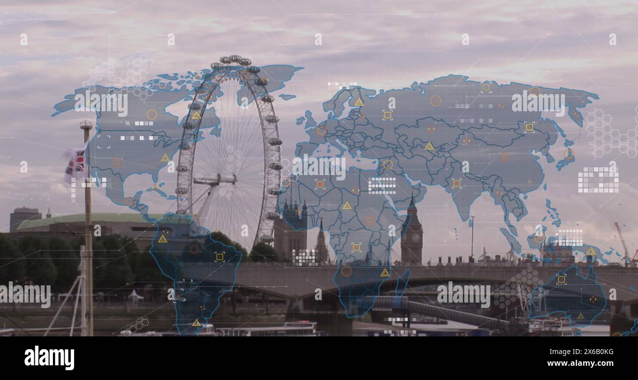 Bild der Weltkarte und Datenverarbeitung über londons Stadtbild Stockfoto