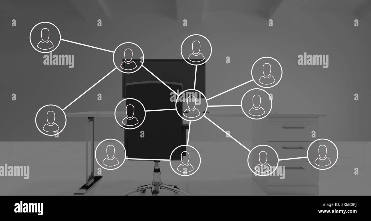 Abbildung: Netzwerk von Verbindungen mit Symbolen über dem Bürotisch mit Computer Stockfoto