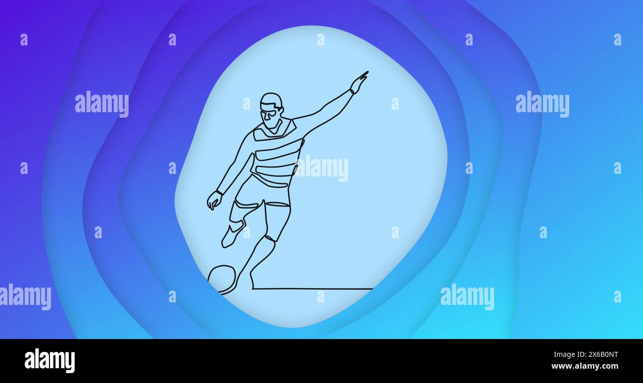 Bild einer Zeichnung eines männlichen Rugbyspielers, der Ball tritt, und Formen auf blauem Hintergrund Stockfoto