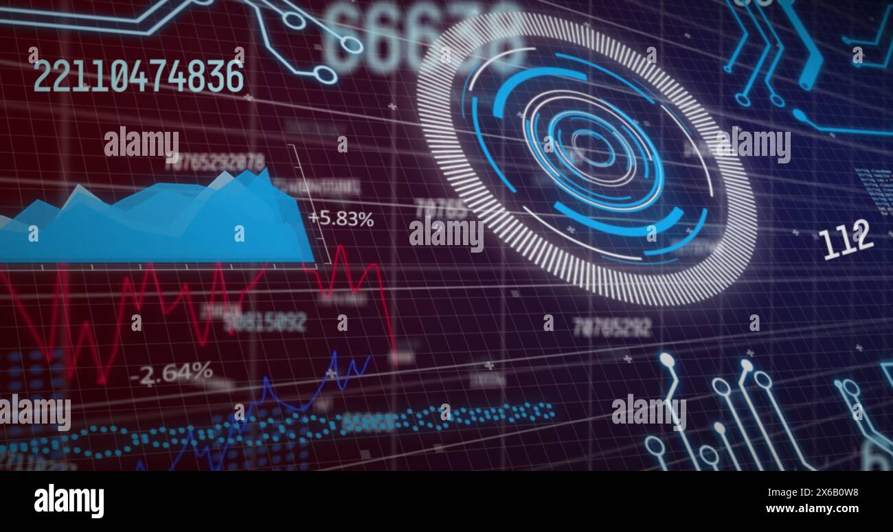 Bild von wechselnden Zahlen, runder Scanner, statistische Datenverarbeitung vor violettem Hintergrund Stockfoto