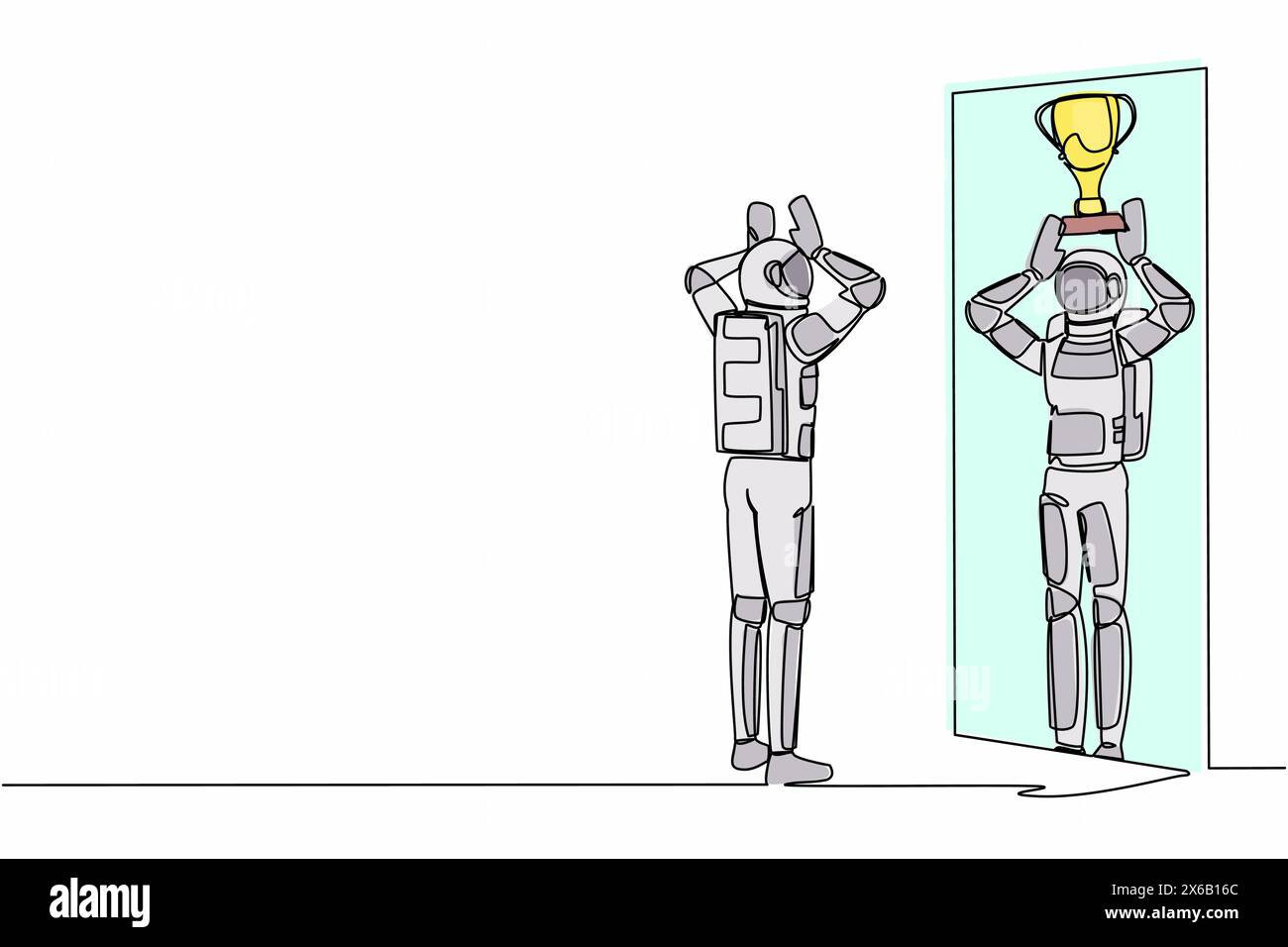 Durchgehende eine Linie, die den Astronauten in Spiegelreflektion mit dem Anheben des Trophäenbechers glücklich sieht. Erfolg bei der Weltraumforschung. Kosmonaut o Stock Vektor