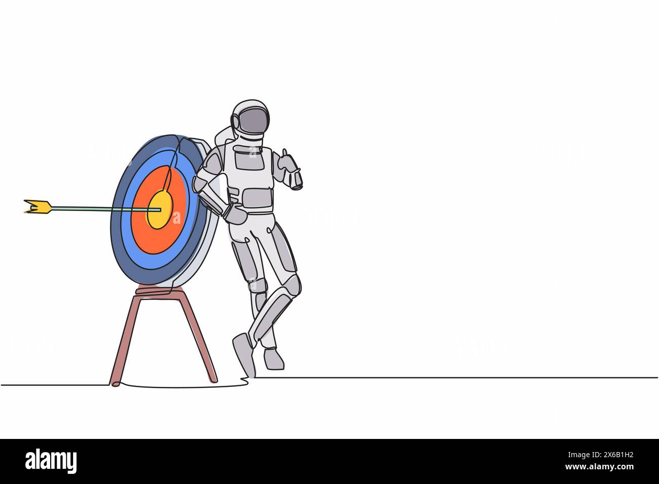 Durchgehende, einzeilige Zeichnung des Astronauten, der sich mit der Daumen-nach-oben-Geste auf das Ziel lehnt. Glücklich mit einer erfolgreichen Expedition auf dem Raumschiff. Cosmonaut Outside Spa Stock Vektor