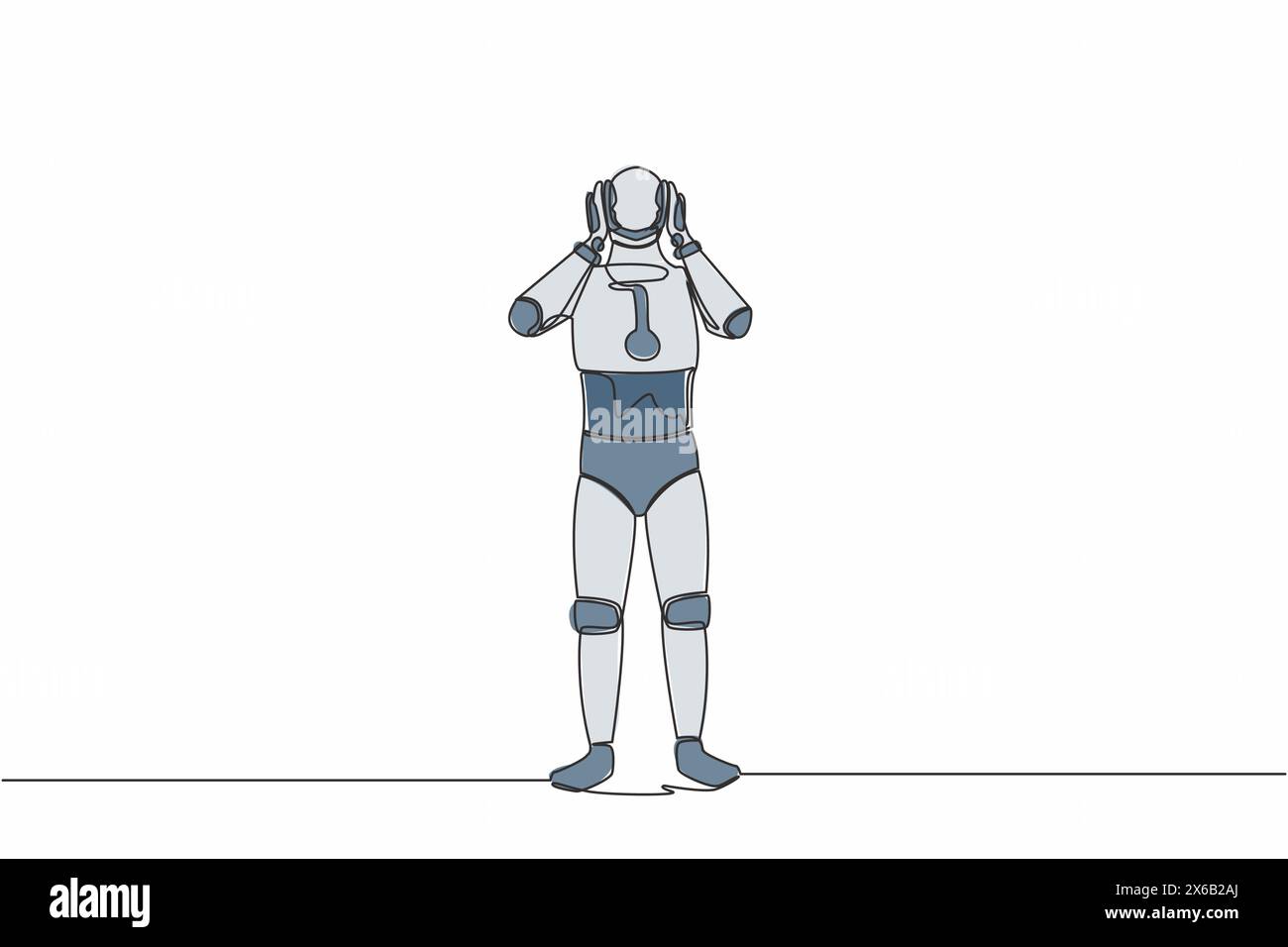 Einzelne kontinuierliche Linie Zeichnung gestresster Roboter mit Kopfschmerzen, Hände auf dem Kopf, Migräne, Gesundheitsprobleme, Schmerzkopf. Künstliche Intelligenz Stock Vektor