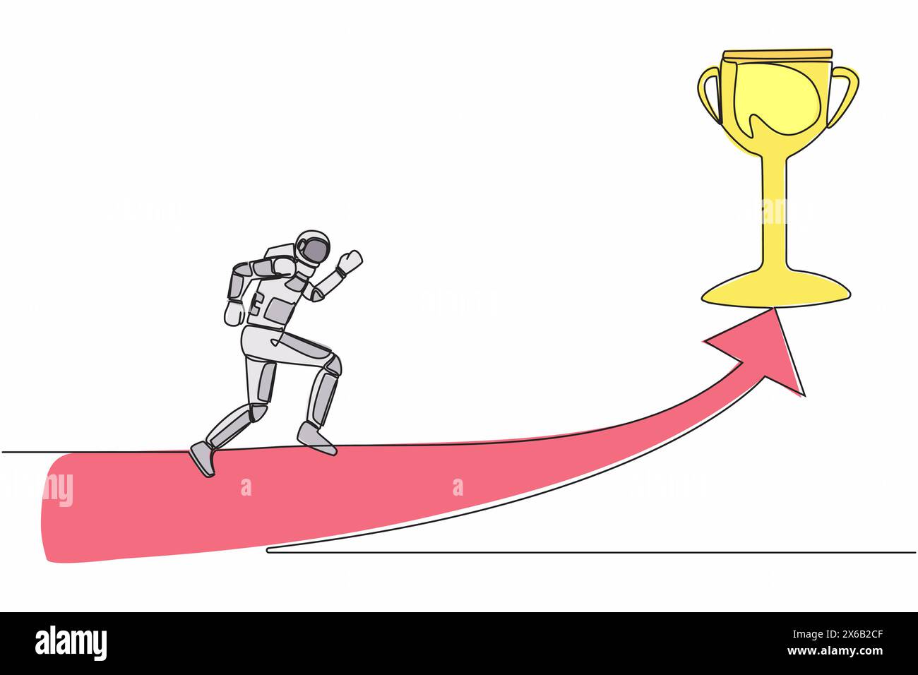 Durchgehende eine Linie, die Astronaut, der auf dem Vorwärtspfeil läuft, um Trophäe in der Mondoberfläche zu erhalten. Rennen um zukünftige Raumschiffentwicklung. Kosmonaut außen sp Stock Vektor