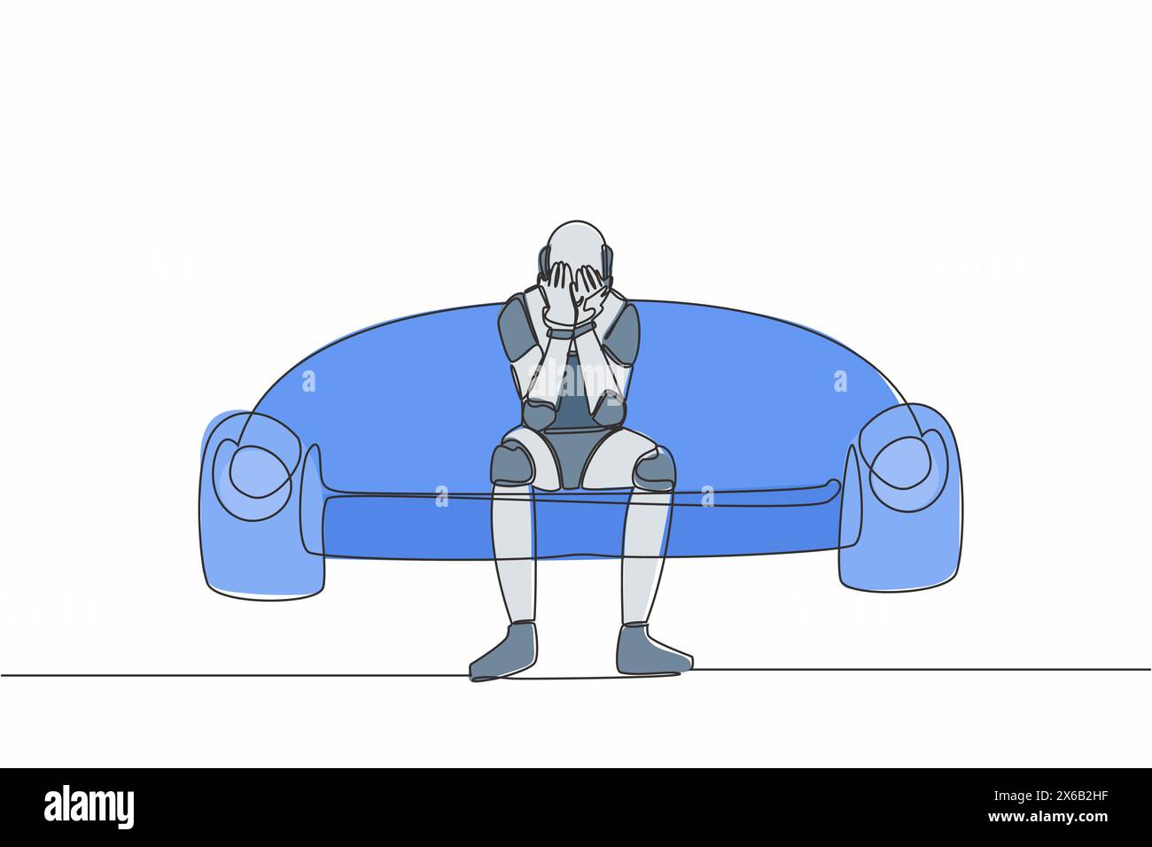 Einsamer Roboter, der auf dem Sofa sitzt. Den Kopf halten. Fehlerkonzept. Roboterkünstliche Intelligenz. Technologieindustrie. Kontin Stock Vektor