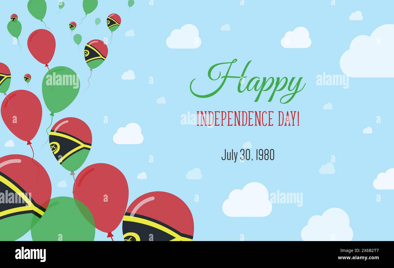 Vanuatu Ni Unabhängigkeitstag – Funkelndes Patriotisches Poster. Reihe von Ballons in den Farben der Vanuatu-Flagge. Grußkarte mit Nationalflaggen, Blaue Skyes A Stock Vektor