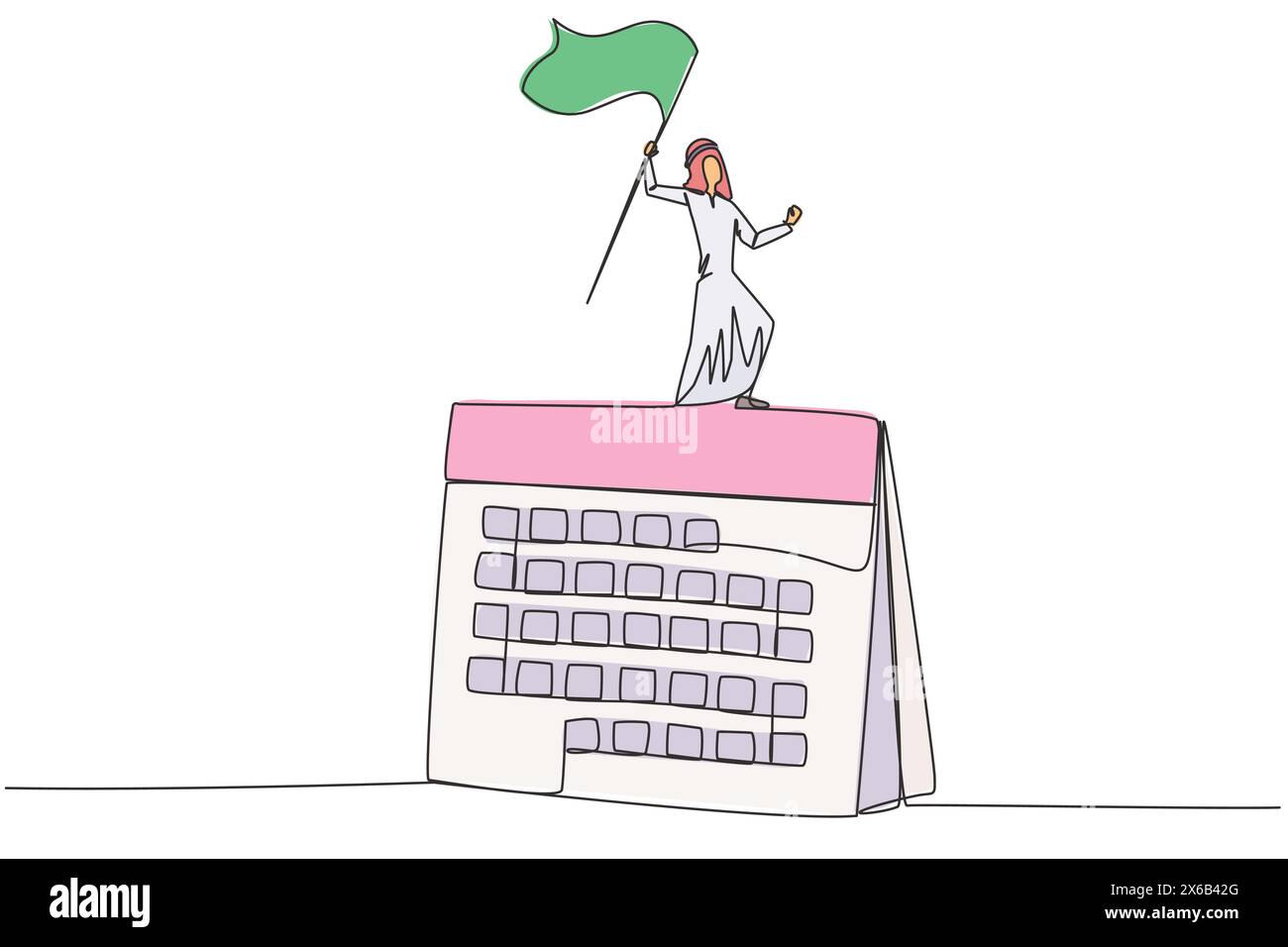 Eine einzige Zeilenzeichnung eines arabischen Geschäftsmannes, der auf einem großen Schreibtischkalender steht und die Flagge hisst. Der Beginn kleiner Schritte in einem geplanten Geschäftsmuster ist entscheidend Stock Vektor
