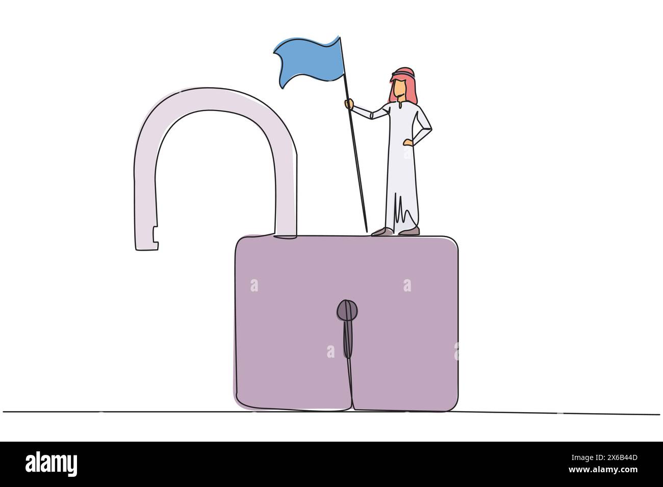 Durchgehende einzeilige Zeichnung eines arabischen Geschäftsmannes, der auf einem großen offenen Vorhängeschloss steht und Flagge hält. Ein erfolgreicher Geschäftsmann findet Schlupflöcher in einem Web, um mich zu hacken Stock Vektor