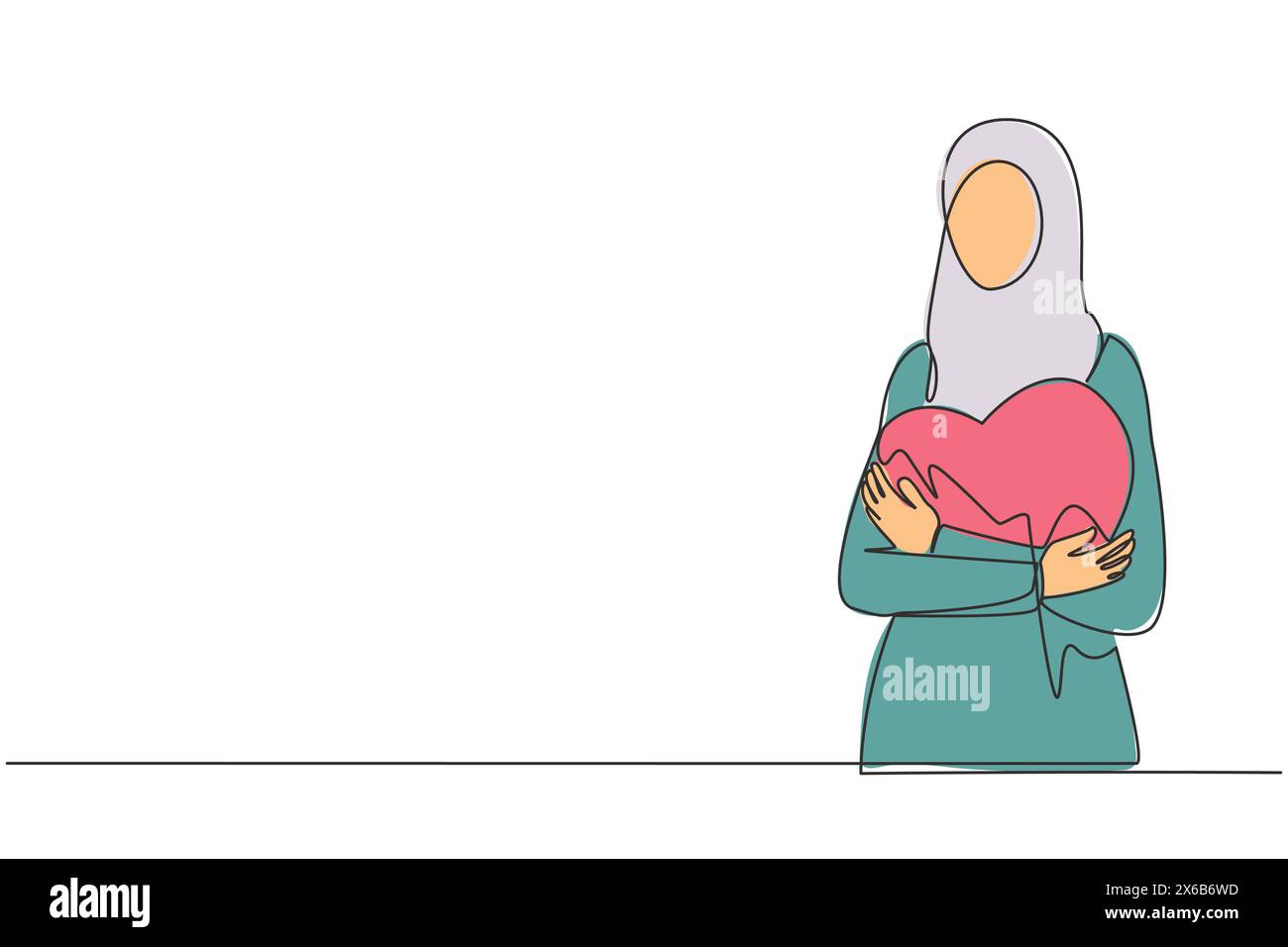 Durchgehende, einzeilige Zeichnung einer jungen, glücklichen, schönen arabischen Frau mit lässigem Hemd, das sich in einer großen roten Herzform in der Brust umschließt. Illustration der Großzügigkeit. Stock Vektor
