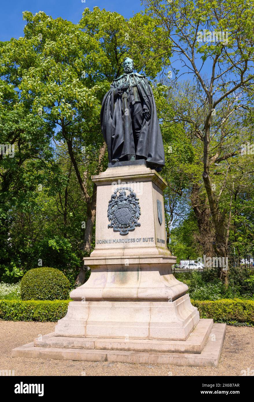 Statue des Marquess of Bute in Friary Gardens, Cardiff Stadtzentrum, Wales Stockfoto