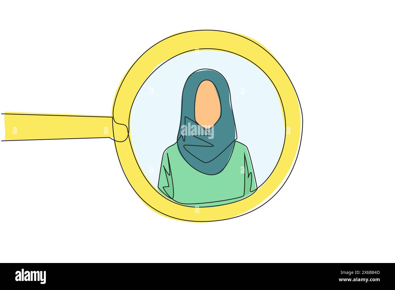 Eine einzelne durchgehende Linienzeichnung des Lupenkreises hebt junge erfolgreiche arabische Geschäftsfrau hervor. Ähnelt einem Avatar zum Foto auf Soci Stock Vektor