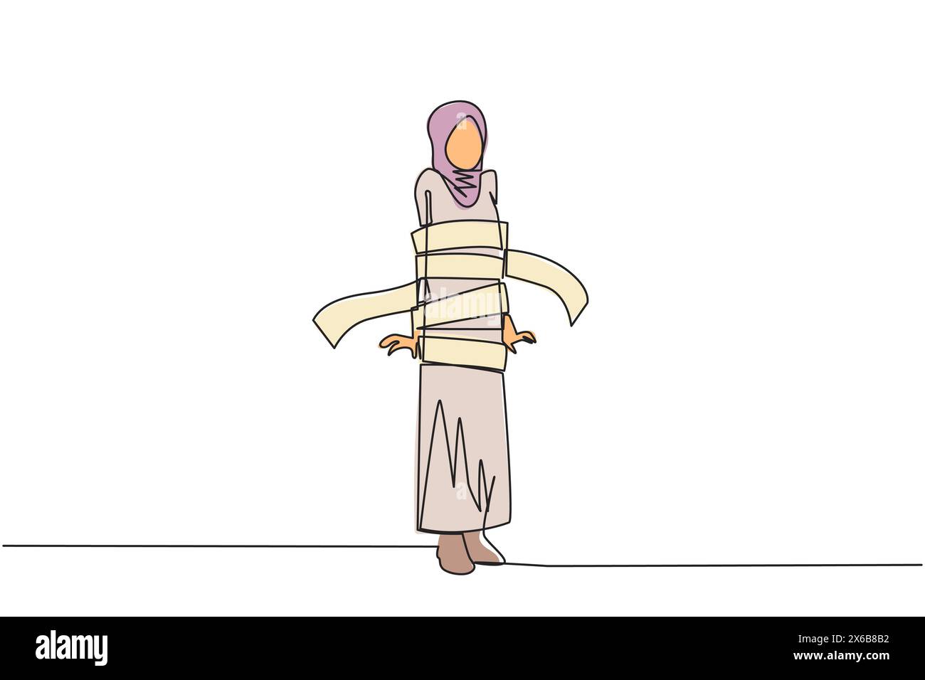 Eine einzige Linie Zeichnung eine stressige arabische Geschäftsfrau stand und ihr Körper war mit Abrechnungspapier eingewickelt. Schuldengeschuldete Unternehmen. Konkurs. Business fa Stock Vektor