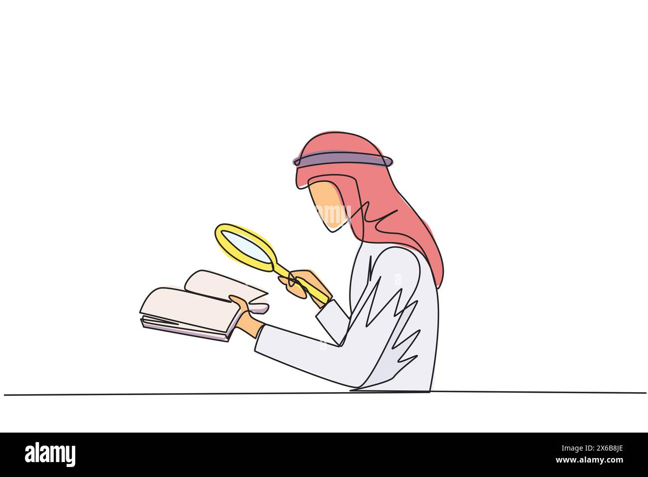 Eine einzeilige Zeichnung ein arabischer Geschäftsmann hält das Buch und untersucht es mit einer Lupe. Geschäftsmann liest wissenschaftliche Studien neu, damit sein Geschäft av Stock Vektor