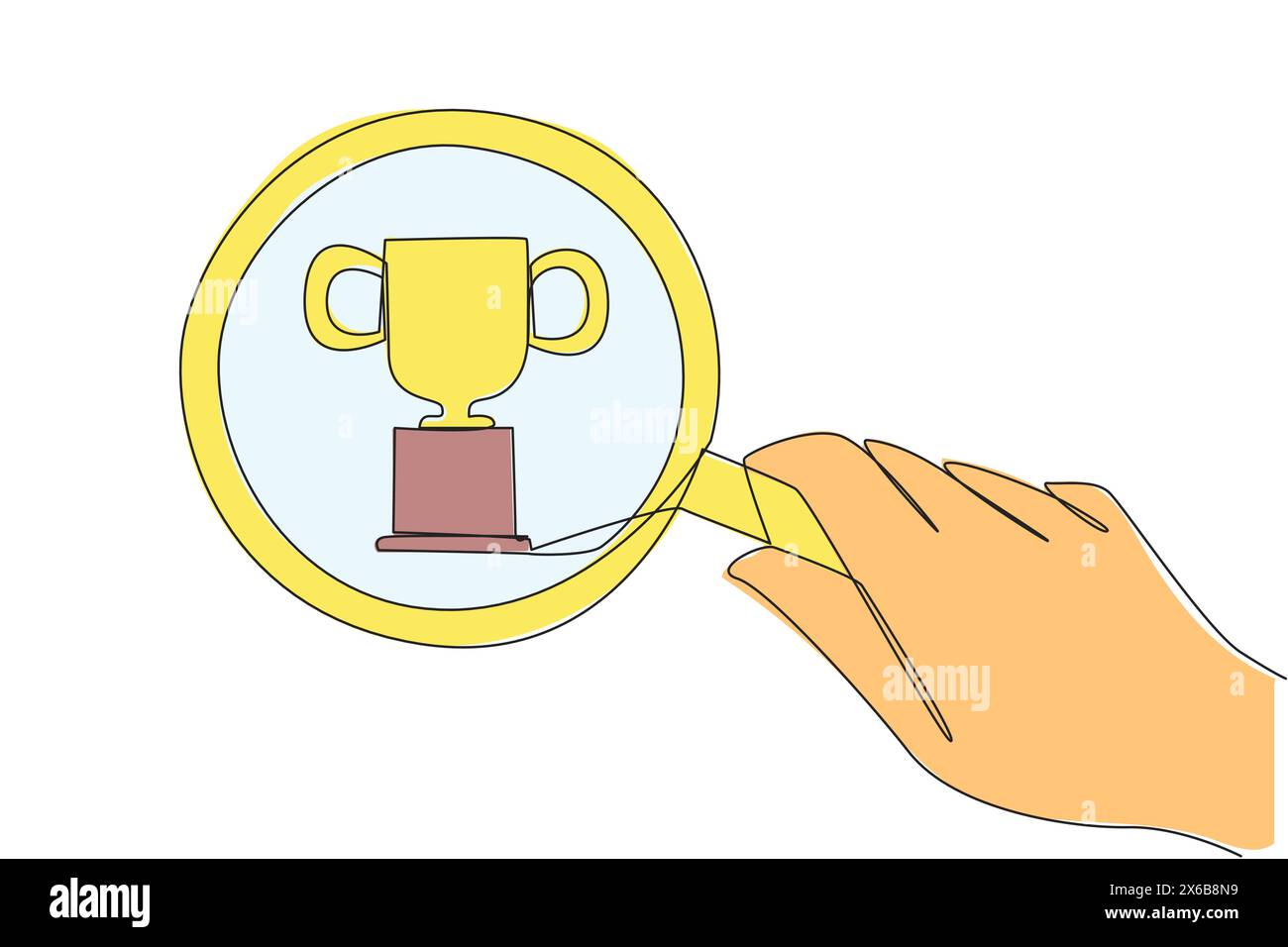 Eine einzelne einzeilige Zeichnung große Hand mit Lupe hebt die Trophäe hervor. Sehen Sie durch Zoomen, um das Ziel zu erreichen, Champion zu werden. Gewinnen Stock Vektor