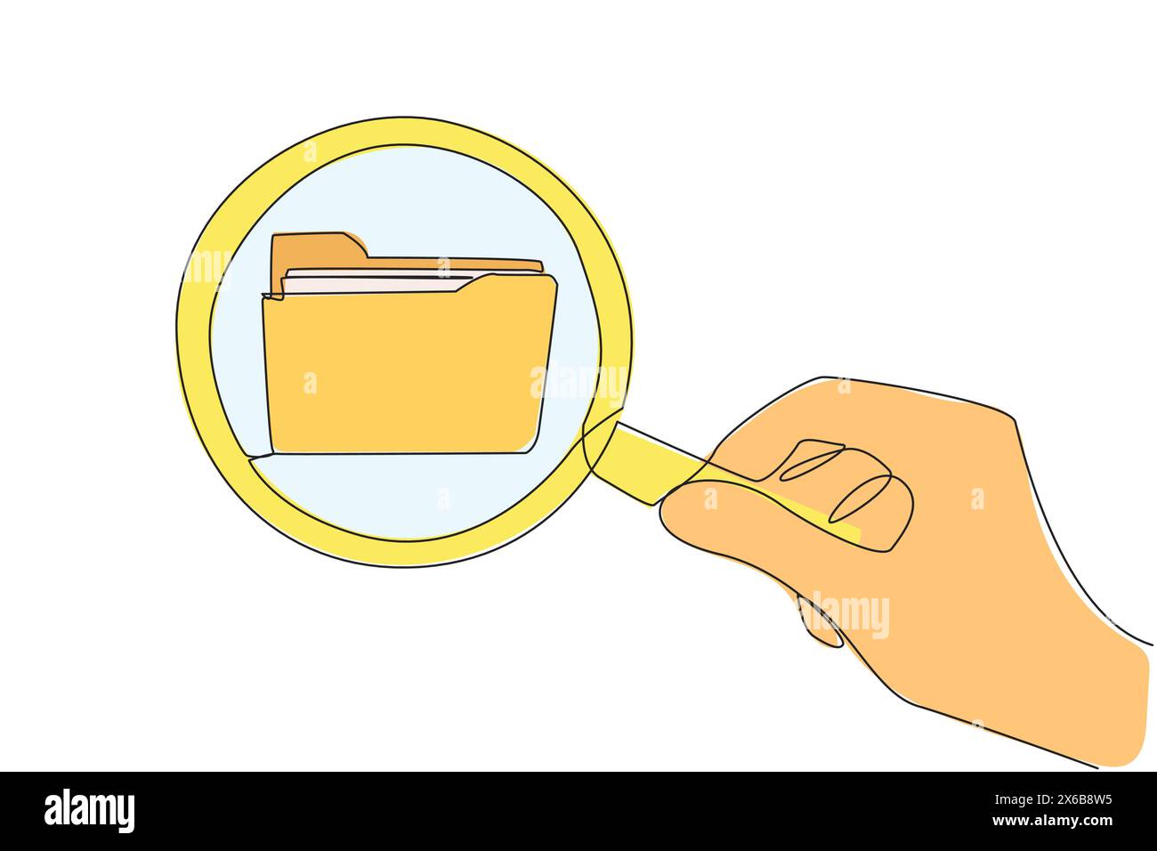 Eine einzelne durchgehende Linienzeichnung große Hand mit Lupe hebt das Ordnersymbol hervor. Erkundung. Der Inhalt der Datei wird aufgeräumt. Datei mA Stock Vektor