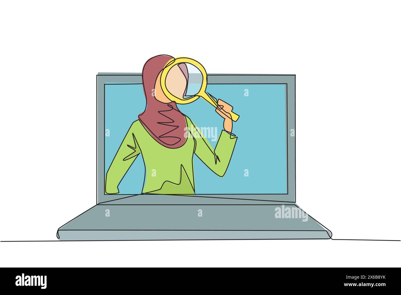 Durchgehende einzeilige Zeichnung Arabische Geschäftsfrau kam aus dem Laptop-Bildschirm und hielt die Lupe. Suche nach Online-Netzwerken, um ihr Geschäft zu stützen. Stock Vektor