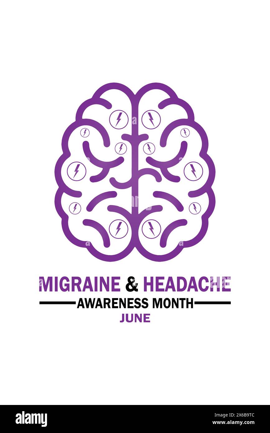 Migräne und Kopfschmerzen Bewusstseinsmonat Juni. Geeignet für Grußkarten, Poster und mobile Hintergrundbilder. Vektorabbildung. Stock Vektor