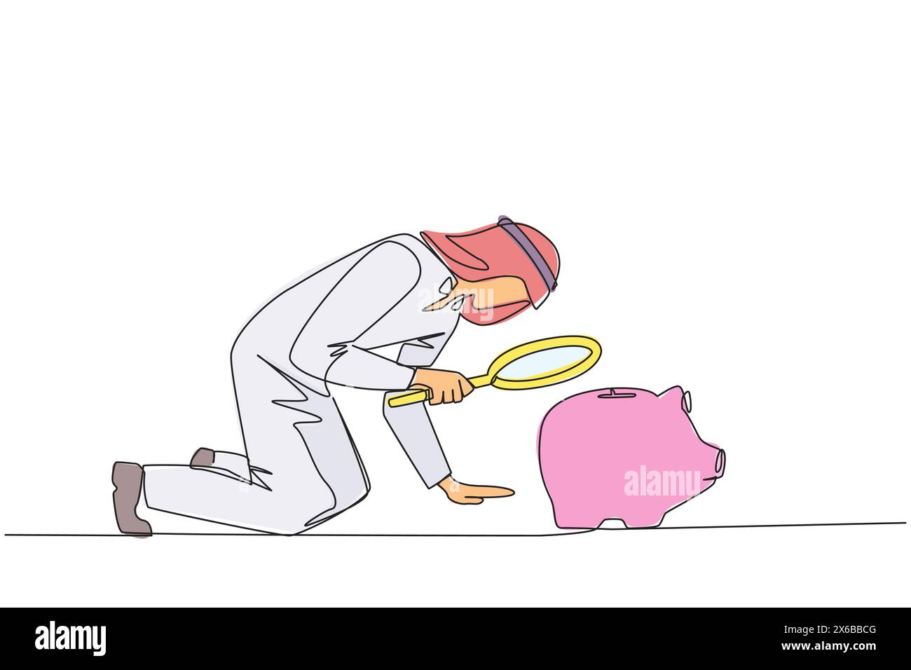 Eine einzige Linie, der arabischer Geschäftsmann mit Vergrößerungsglas auf die Schweinebank blickt. Ein stagnierendes Geschäft erfordert zusätzliches Kapital von Schweinefleisch Stock Vektor