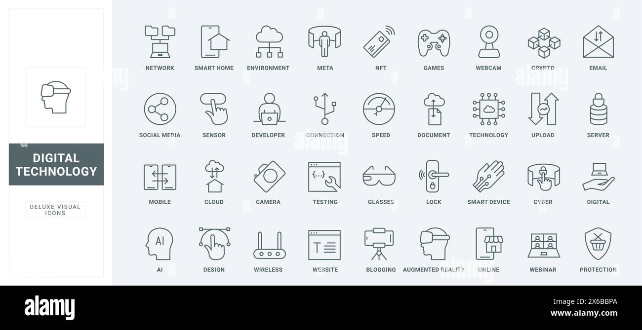 Augmented-Reality-Brille, Verbindung zum Server und Cyberschutz digitaler Daten, Smart Home und Geräte dünne schwarze und rote Umrisssymbole, Vektorillustration. Symbol für die KI-Technologielinie gesetzt Stock Vektor