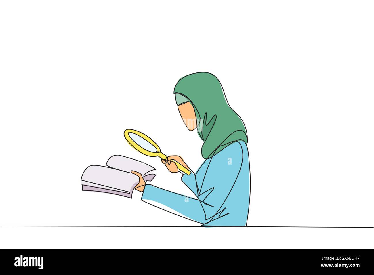 Eine durchgehende Linienzeichnung Arabische Geschäftsfrau hält das Buch und untersucht es mit einer Lupe. Geschäftsfrau liest wissenschaftliche Studien neu, damit sie Stock Vektor