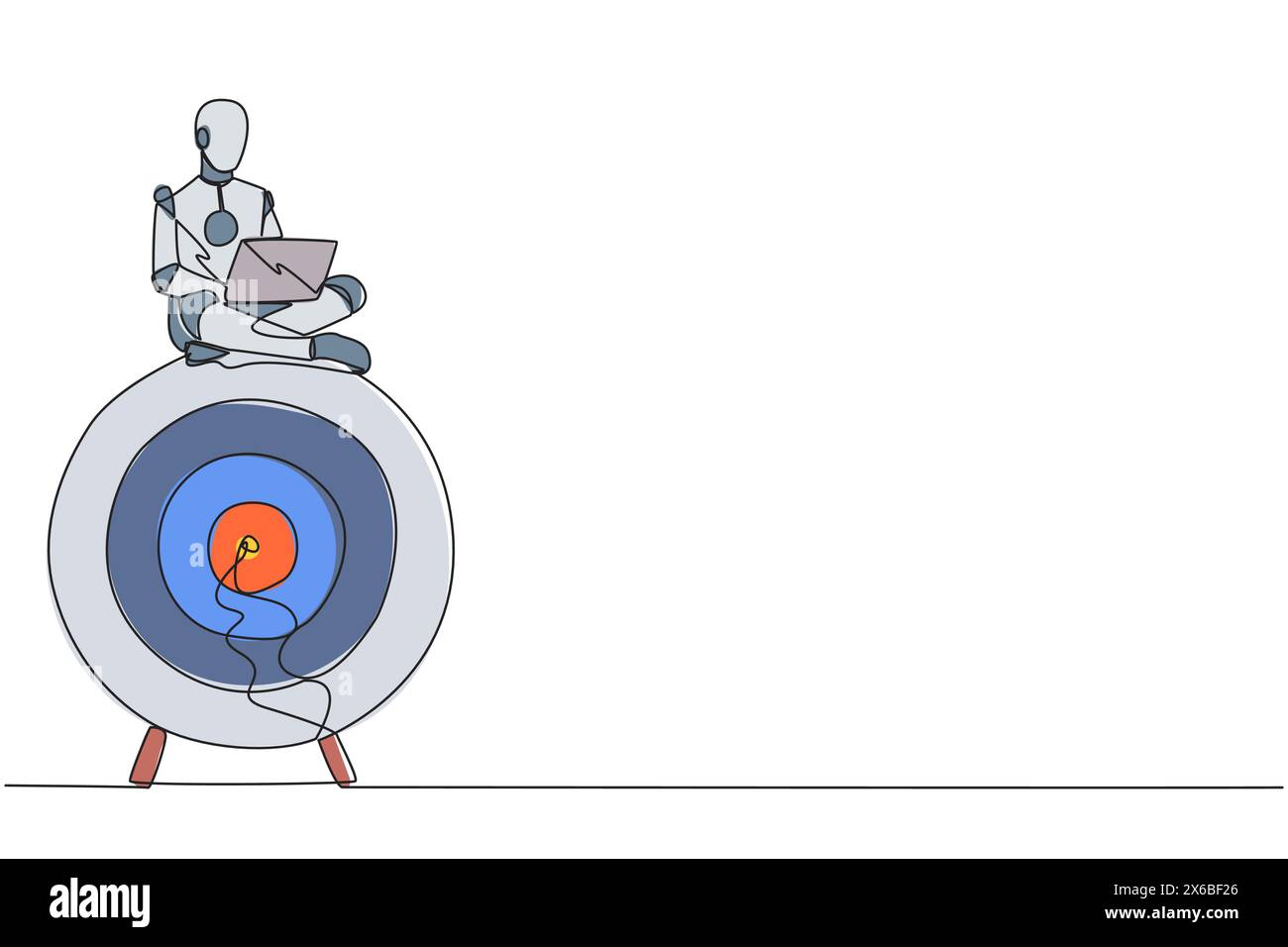 Einzelne durchgehende Linienzeichnung robotische künstliche Intelligenz, die auf einem riesigen Pfeilbrett sitzt, Zielcomputer-Laptop. Roboter konzentrieren sich auf die Erstellung von Webanwendungen Stock Vektor