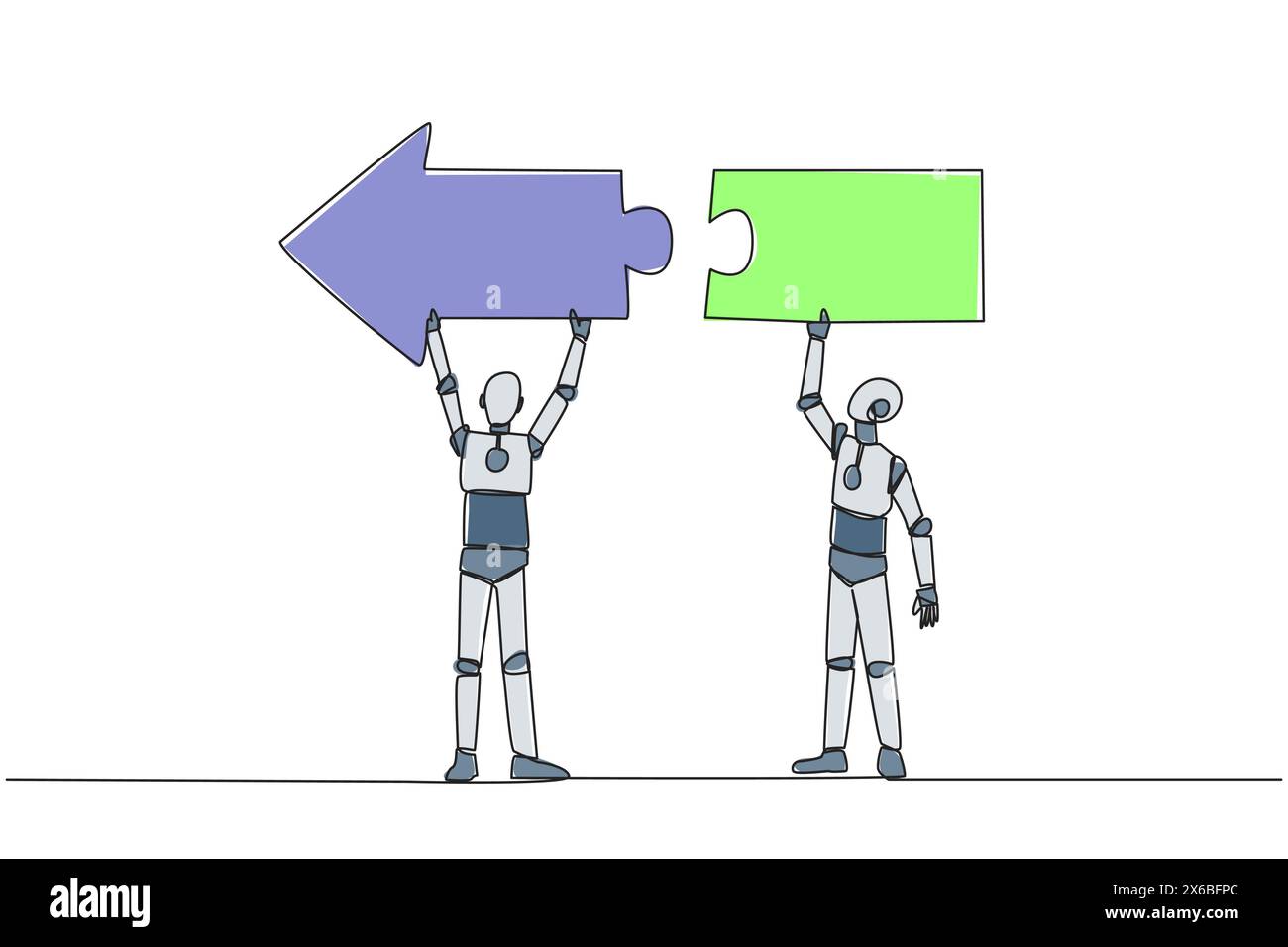 Eine durchgehende Linie zeichnet zwei Roboter, die zusammen mit einem Richtungspfeile zusammenarbeiten. Metaphern setzen Ideen gleich. Roboter, die Teamarbeit leisten. Zukunft Stock Vektor
