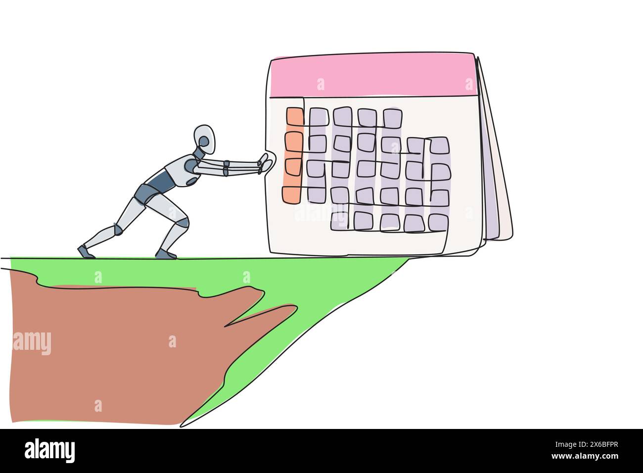 Ein Roboter mit kontinuierlichem Zeichnen einer Linie schiebt einen riesigen Schreibtischkalender vom Rand der Klippe herunter. Viele Versuche mit Robotern scheitern jeden Monat. Roboter der Zukunft. AI Stock Vektor