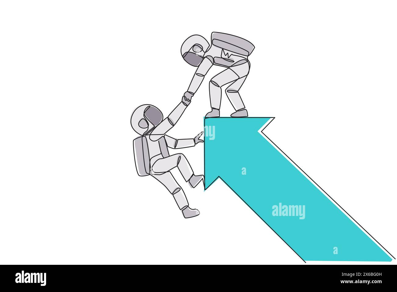 Ein einziger Astronaut zog den Arm eines anderen Astronauten, der fast vom großen Pfeil fiel. Teamarbeit, um Kollegen zu helfen. Galaxy Deep s Stock Vektor